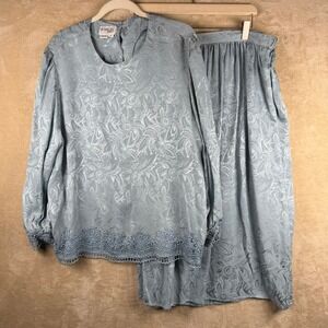 Brownstone Studio 100% Silk Vintage Jacquard Blue Floral Blouse Skirt Set Sz 18